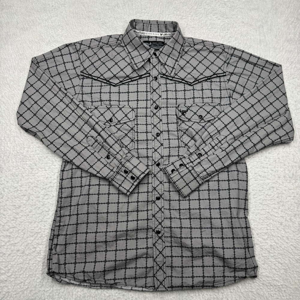 Cowboy Hardware Pearl Snap Shirt Barbwire Western Long Sleeve Gray Men's Size S